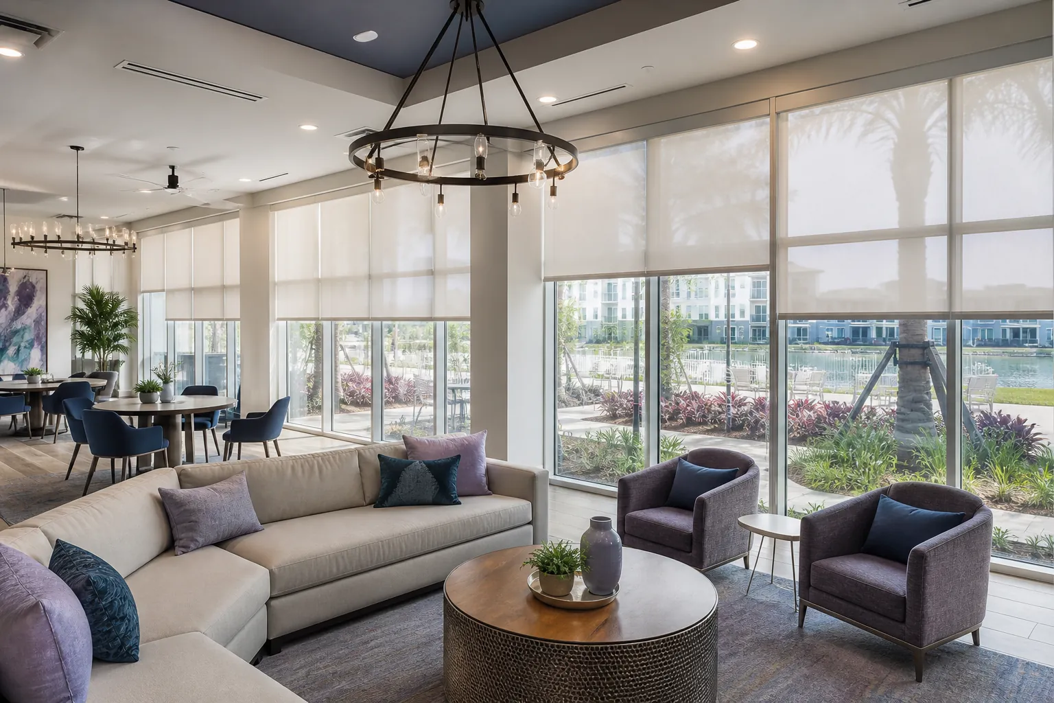 Light-filtering commercial roller shades in a St. Augustine apartment clubhouse