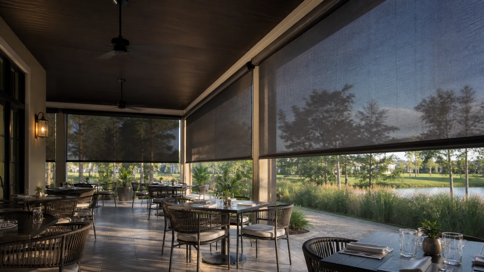 St. Augustine restaurant outdoor seating protected by motorized roll shades
